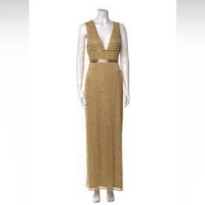 Elegant Beaded Column Gown with Cap Sleeves & V-Neckline